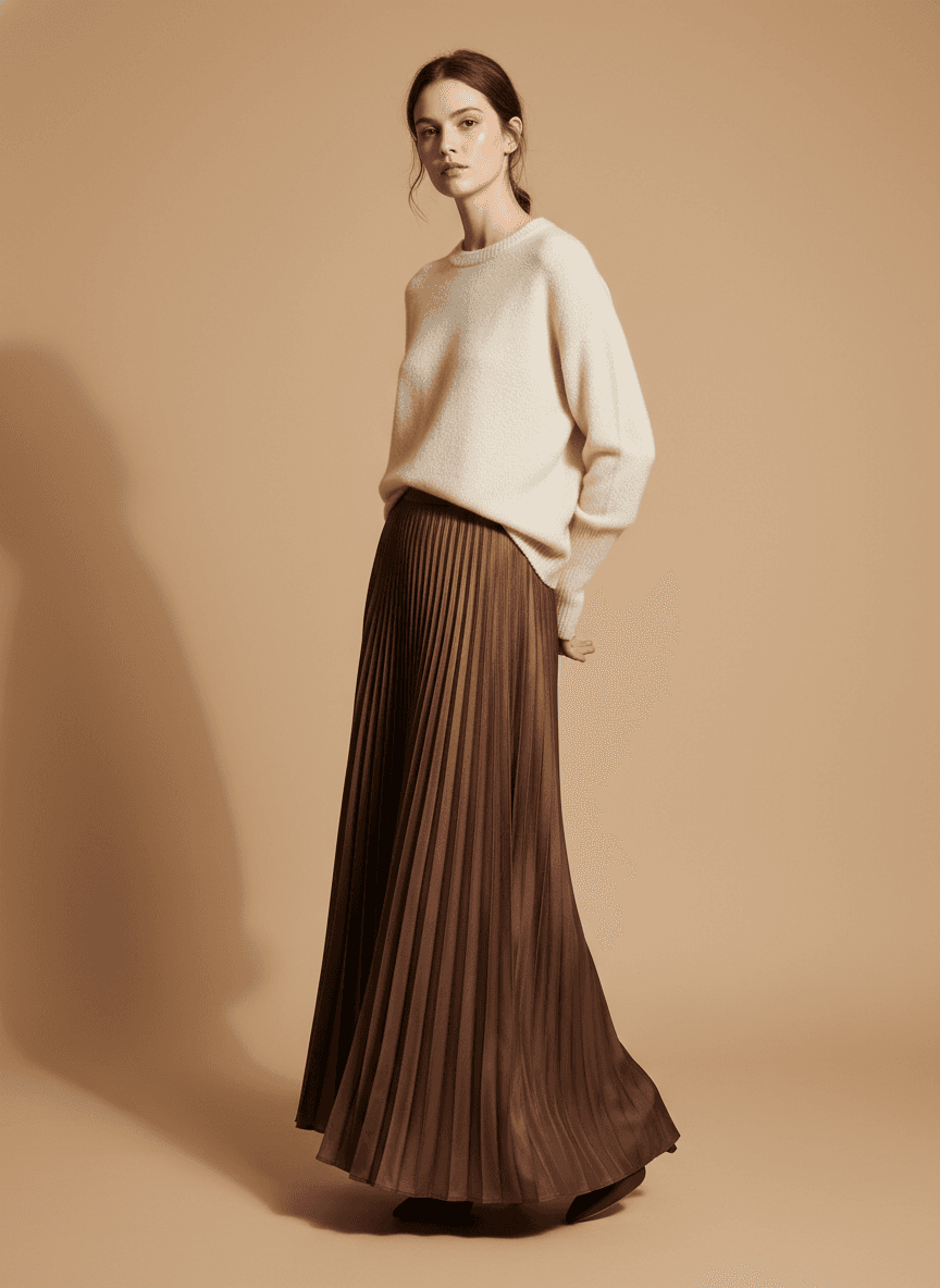 Jupe Sienne longue plissée en soie espresso